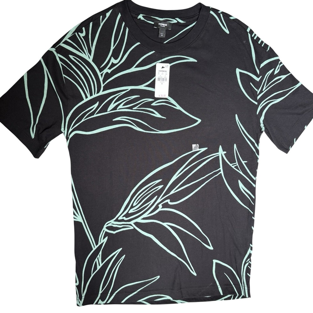 Express Relaxed T-Shirt Men's XS Black Tropical Leaf Print Short Sleeve‎ Cotton